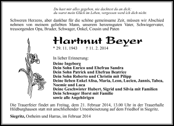 Traueranzeige von Hartmut Beyer von Südthüringer Presse