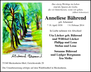 Traueranzeige von Anneliese Bährend von Neue Presse Coburg