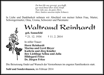 Traueranzeige von Waltraud Reinhardt von Südthüringer Presse