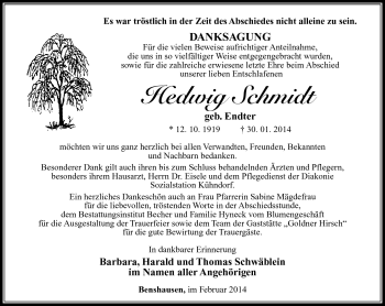 Traueranzeige von Hedwig Schmidt von Südthüringer Presse