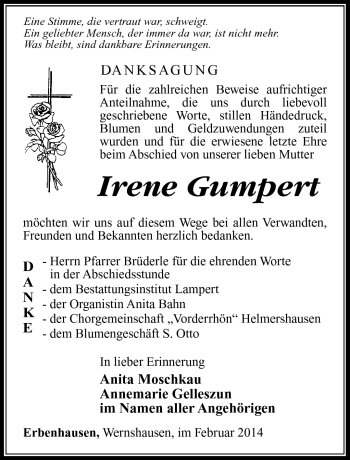 Traueranzeige von Irene Gumpert von Südthüringer Presse