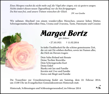 Traueranzeige von Margot Bortz von Südthüringer Presse