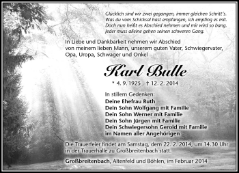 Traueranzeige von Karl Bulle von Südthüringer Presse
