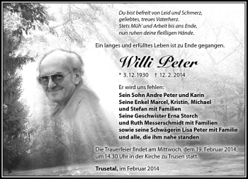 Traueranzeige von Willi Peter von Südthüringer Presse