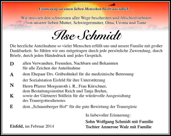 Traueranzeige von Ilse Schmdit von Südthüringer Presse