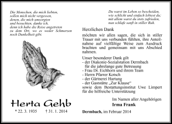 Traueranzeige von Herta Gehb von Südthüringer Presse