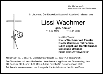 Traueranzeige von Lissi Wachmer von Neue Presse Coburg