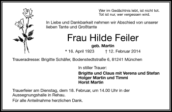 Traueranzeige von Hilde Feiler von Frankenpost