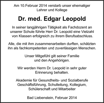 Traueranzeige von dgar Leopold von Südthüringer Presse