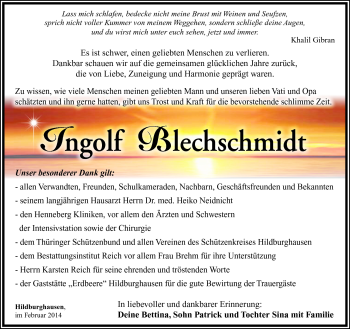 Traueranzeige von Ingolf Blechschmidt von Südthüringer Presse