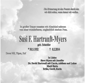 Traueranzeige von Susi F. Hartranft-Myers von Frankenpost