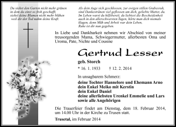 Traueranzeige von Gertrud Lesser von Südthüringer Presse