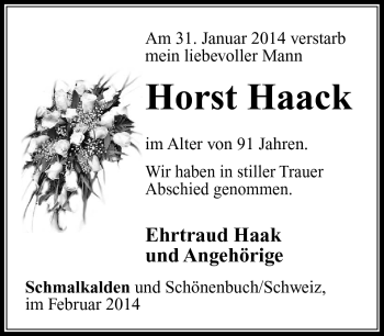 Traueranzeige von Horst Haack von Südthüringer Presse