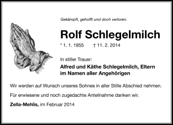 Traueranzeige von Rolf Schlegelmilch von Südthüringer Presse