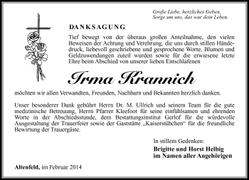 Traueranzeige von Irma Krannich von Südthüringer Presse