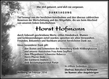 Traueranzeige von Horst Hofmann von Südthüringer Presse