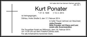 Traueranzeige von Kurt Ponater von Frankenpost