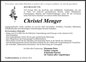 Traueranzeige von Christel Menger von Südthüringer Presse