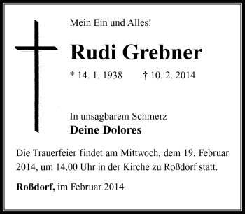 Traueranzeige von Rudi Grebner von Südthüringer Presse