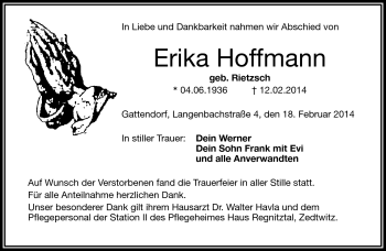 Traueranzeige von Erika Hoffmann von Frankenpost