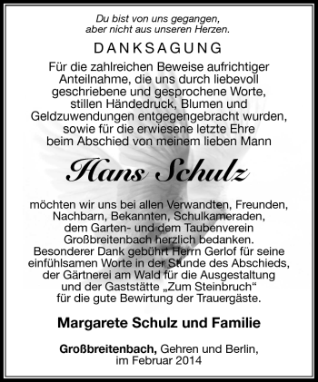 Traueranzeige von Hans Schulz von Südthüringer Presse