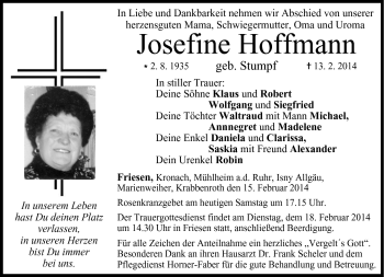 Traueranzeige von Josefine Hoffmann von Neue Presse Coburg