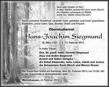 Traueranzeige von Hans-Joachim Siegmund von Südthüringer Presse