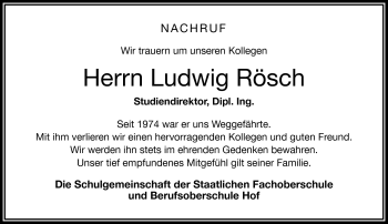 Traueranzeige von Ludwig Rösch von Frankenpost