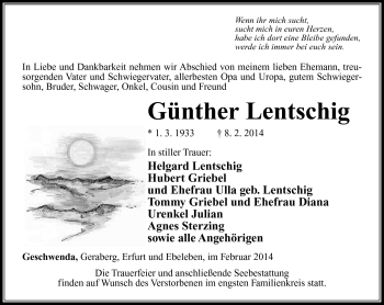 Traueranzeige von Günther Lentschig von Südthüringer Presse