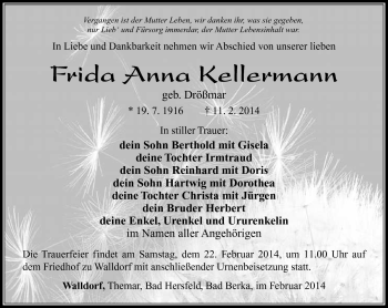 Traueranzeige von Frida Anna Kellermann von Südthüringer Presse