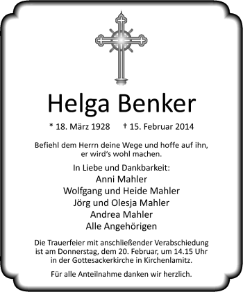 Traueranzeige von Helga Benker von Frankenpost