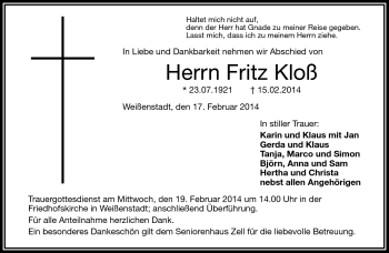 Traueranzeige von Fritz Kloß von Frankenpost