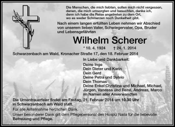 Traueranzeige von Wilhelm Scherer von Frankenpost