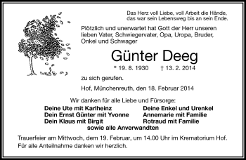 Traueranzeige von Günter Deeg von Frankenpost