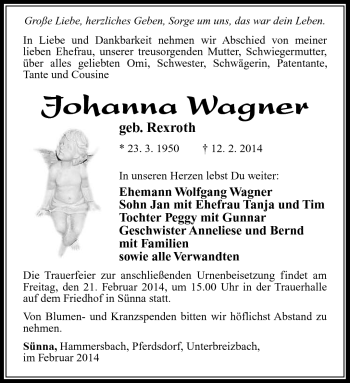Traueranzeige von Johanna Wagner von Südthüringer Presse