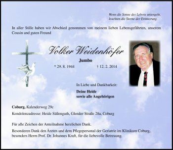 Traueranzeige von Volker Weidenhöfer von Neue Presse Coburg