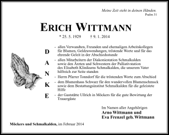 Traueranzeige von Erich Wittmann von Südthüringer Presse
