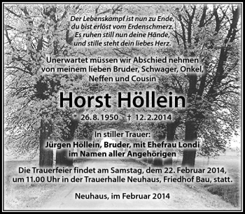 Traueranzeige von Horst Höllein von Südthüringer Presse