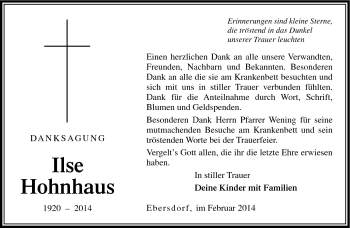 Traueranzeige von Ilse Hohnhaus von Neue Presse Coburg