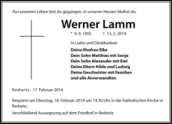 Traueranzeige von Werner Lamm von Neue Presse Coburg