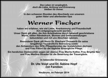 Traueranzeige von Werner Fischer von Südthüringer Presse
