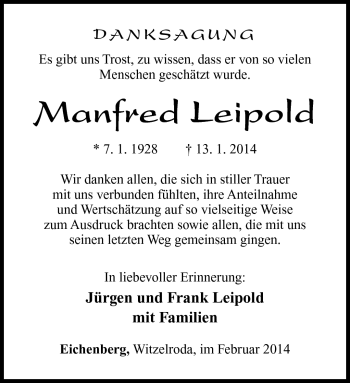 Traueranzeige von Manfred Leipold von Südthüringer Presse