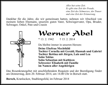 Traueranzeige von Werner Abel von Südthüringer Presse
