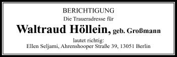 Traueranzeige von Waltraud Höllein von Südthüringer Presse