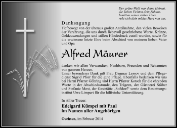 Traueranzeige von Alfred Mäurer von Südthüringer Presse