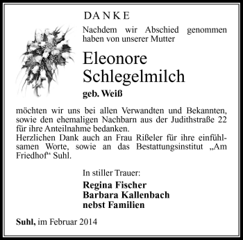 Traueranzeige von Eleonore Schlegelmilch von Südthüringer Presse