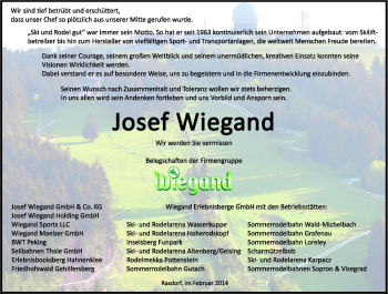 Traueranzeige von Josef Wiegand von Südthüringer Presse