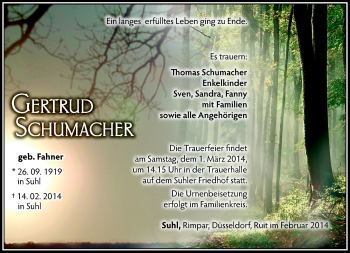 Traueranzeige von Gertrud Schumacher von Südthüringer Presse