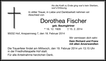 Traueranzeige von Dorothea Fischer von Frankenpost