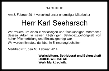 Traueranzeige von Karl Seeharsch von Frankenpost